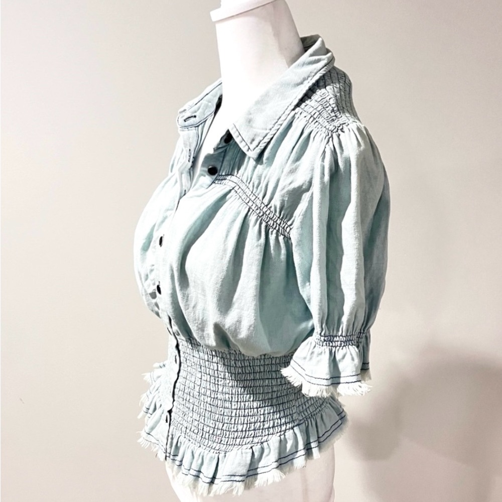 Pilcro Light Blue Ruffle-Smocked Button Front Top - Picture 5 of 11